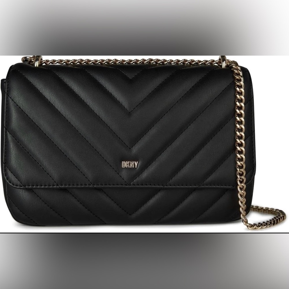 NWT DKNY Crossbody Shoulder Flap Bag Black On Black Chain Purse